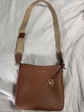 Michael Kors Brown Leather Crossbody with Beige Strap and Gold MK Charm